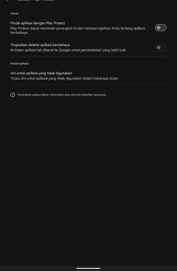 Matikan toggle Pindai aplikasi dengan Play Protect