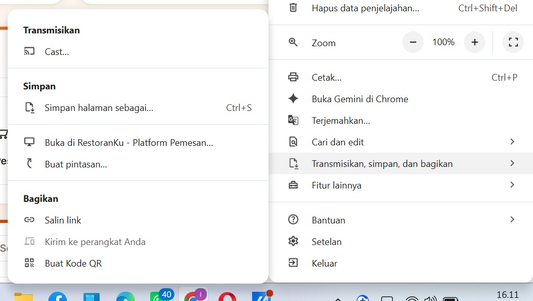 Pilih Buka di RestoranKu - Platform Pemesan pada submenu